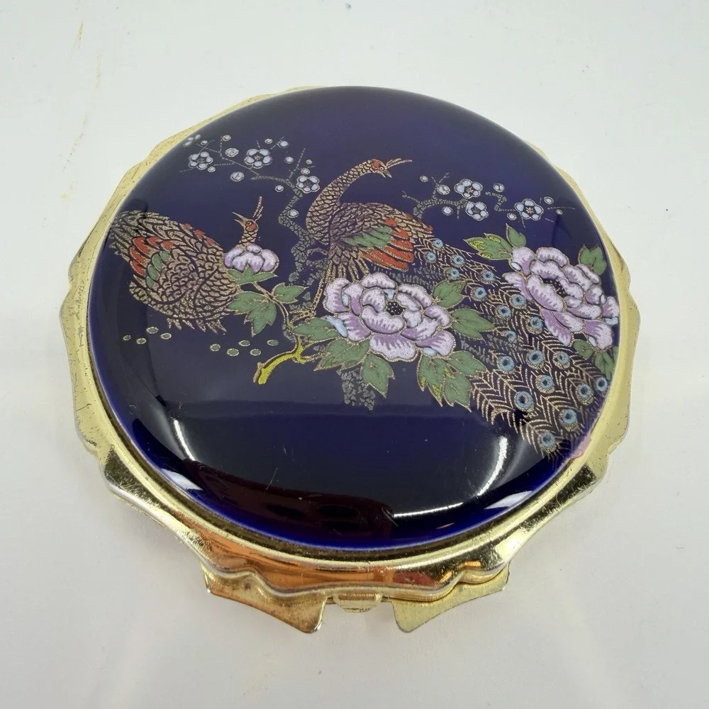 Vintage Japanese Satsuma Style Peacock Porcelain‎ Makeup Powder Compact Mirror